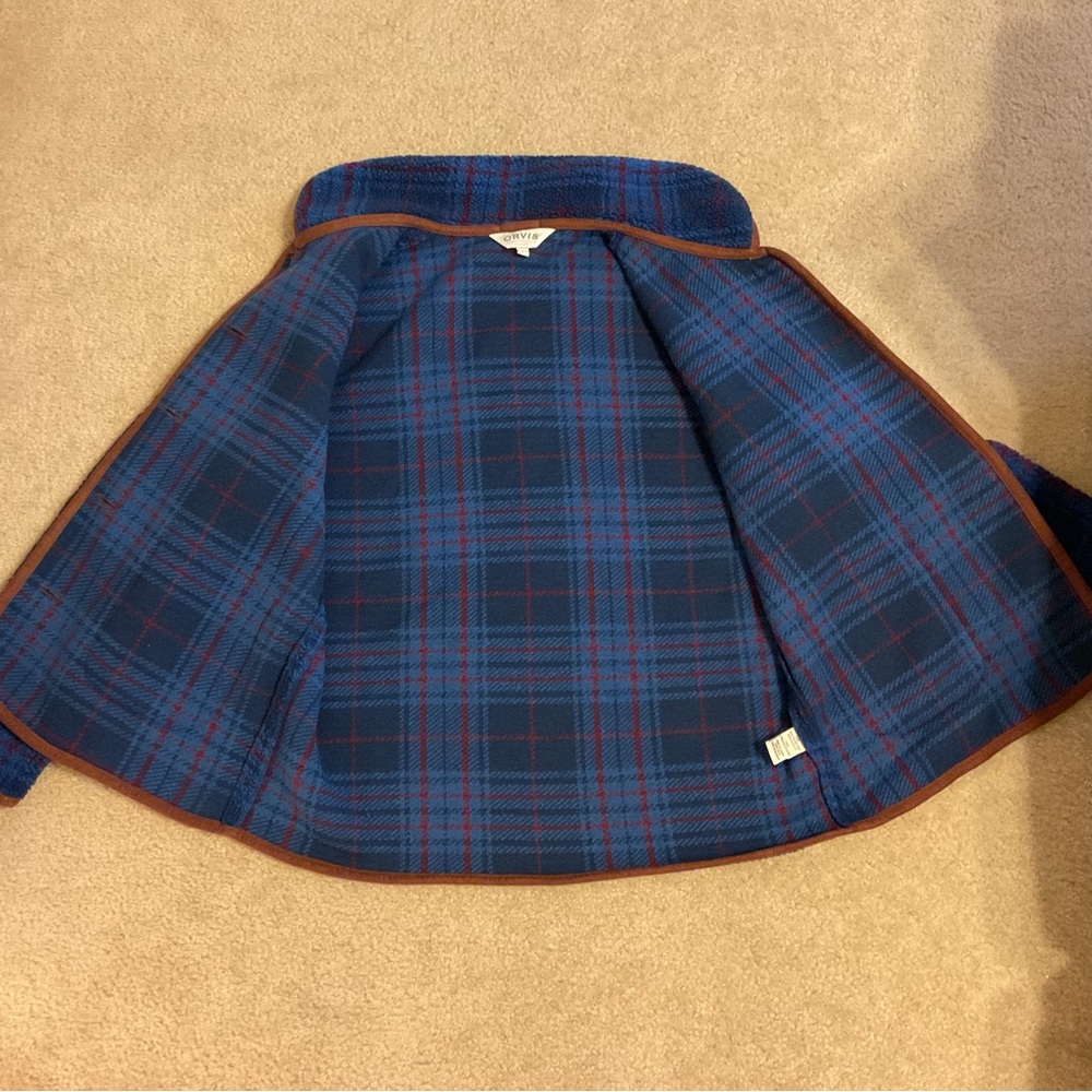 Orvis Blue Burgundy Plaid & Brown Trim Toggle 5 Button Down Fleece Jacket Blazer - Picture 9 of 15